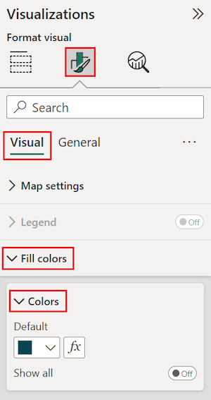 Screenshot that shows how to switch to the Format pane and view the Fill colors options.