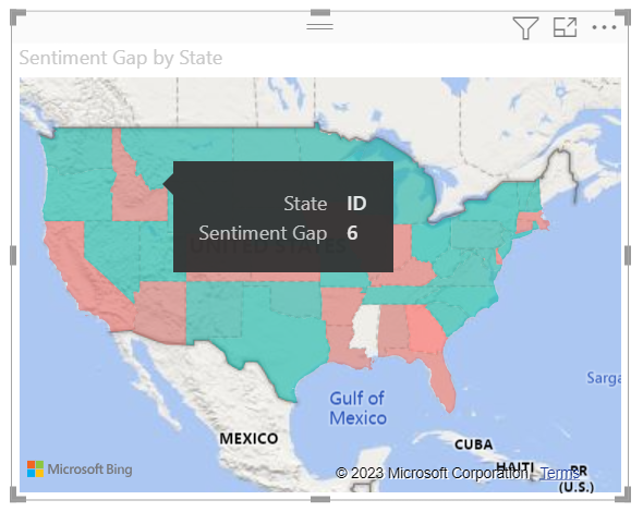 Screenshot of the tooltip details for the state of Idaho on the filled map visual.