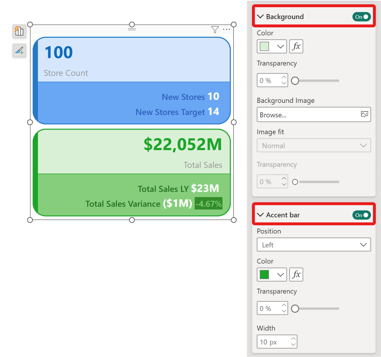 Screenshot that shows the two cards with reference labels shown background set light green color and 0% transparency. The labels also have an accent bar positioned left of the values, with a green color and 0% transparency.