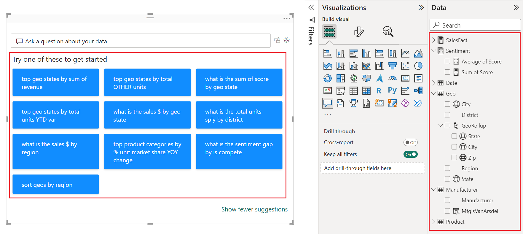 Screenshot that shows the report canvas with all suggestions visible and some of the Data pane fields expanded.