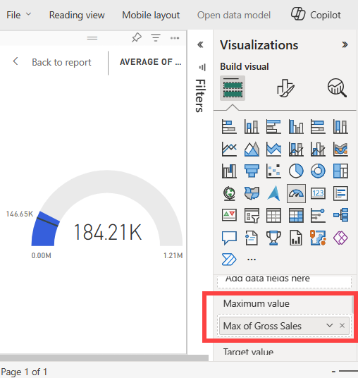 Screenshot that shows how to set the maximum value for the gauge chart.