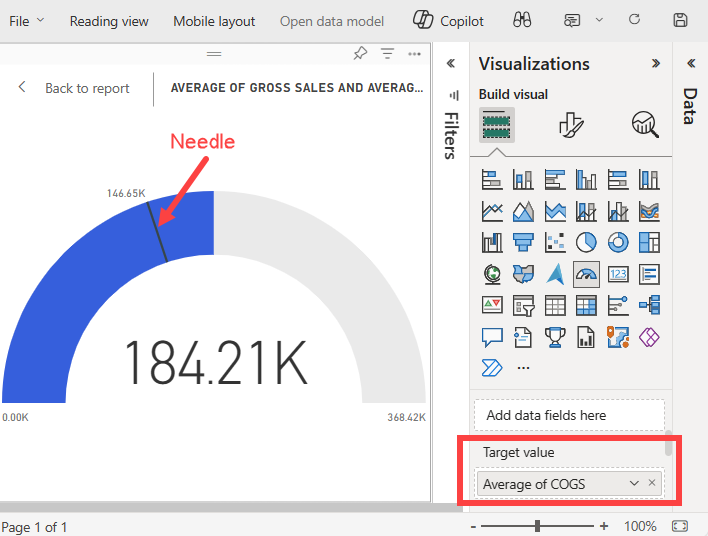 Screenshot that shows the updated gauge chart with a needle that represents the target value.