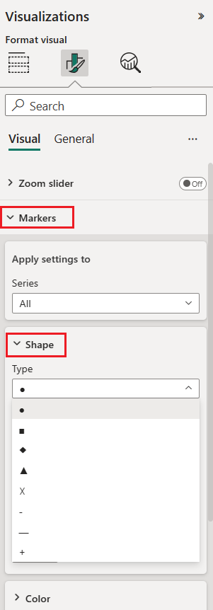 Screenshot of the Shapes drop-down with the Marker shape options called out.