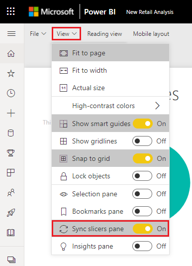 Screenshot of Sync slicers selection in the Power BI service.