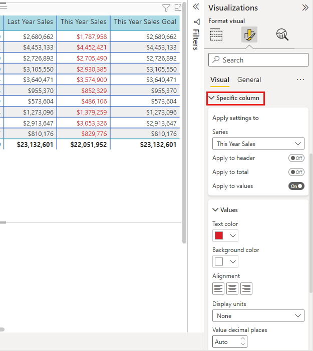 Screenshot of Format pane with Column formatting for This year sales.