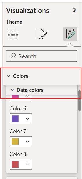 Screenshot of the Power BI Visualizations pane with the Colors and Data colors section headers visible while scrolling through color settings.