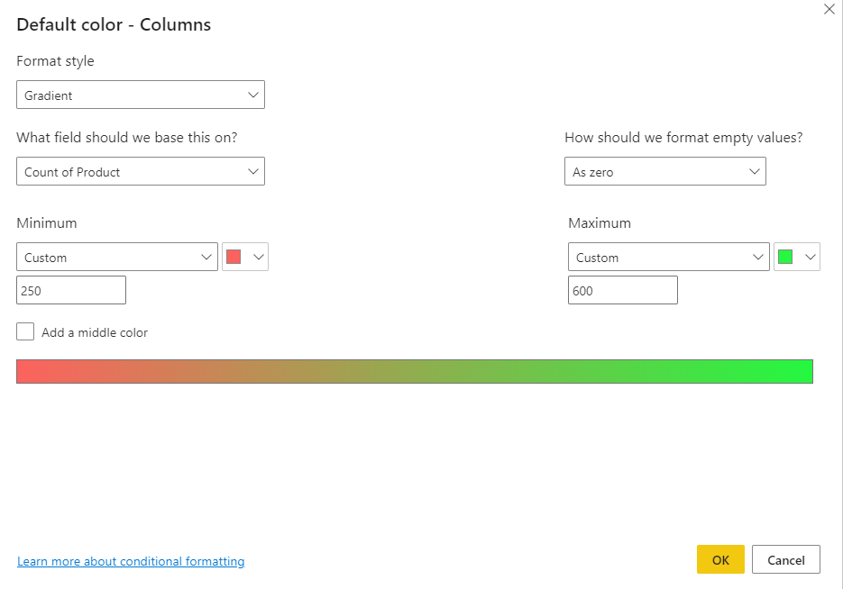 Screenshot of Default color options with maximum and minimum values.