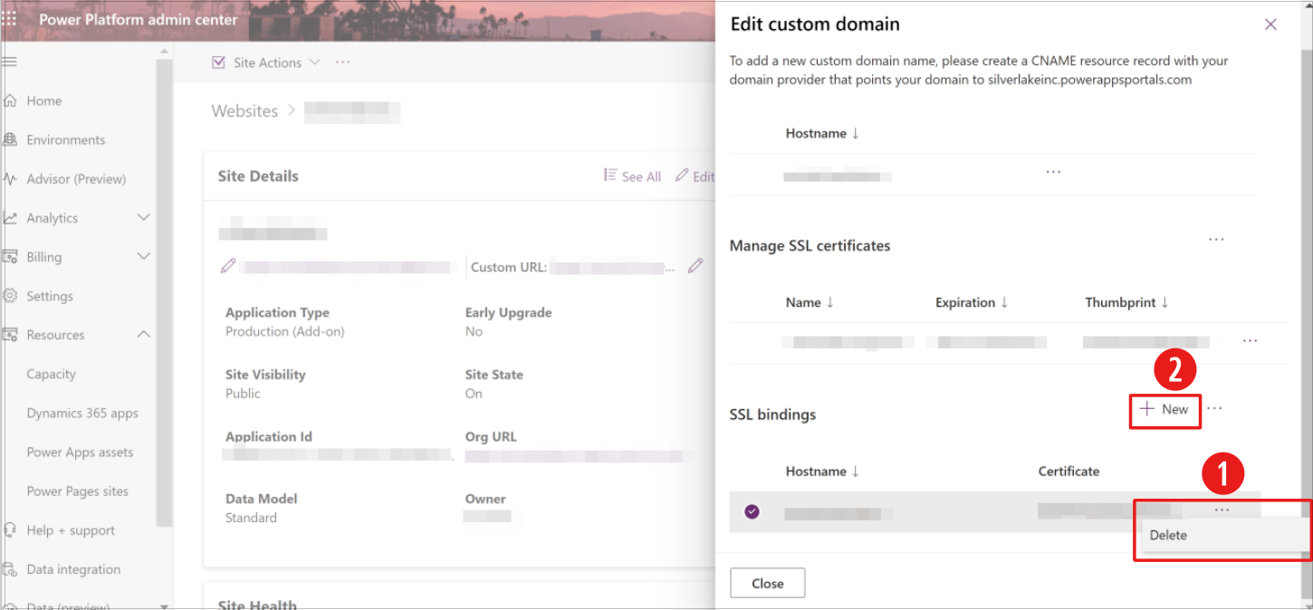 A screenshot of the Power Platform admin center with the option to delete SSL bindings and add a new SSL certificate emphasized.
