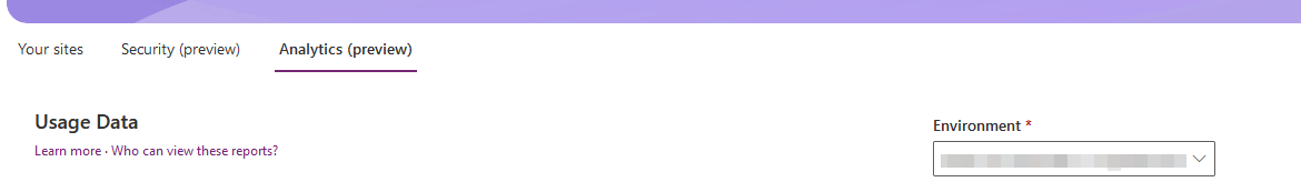 A screenshot of the Power Platform admin center showing the Analytics Usage Data's Environment dropdown.