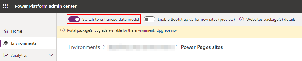 A screenshot of the Power Platform admin center with the Switch to enhanced data model toggle emphasized.