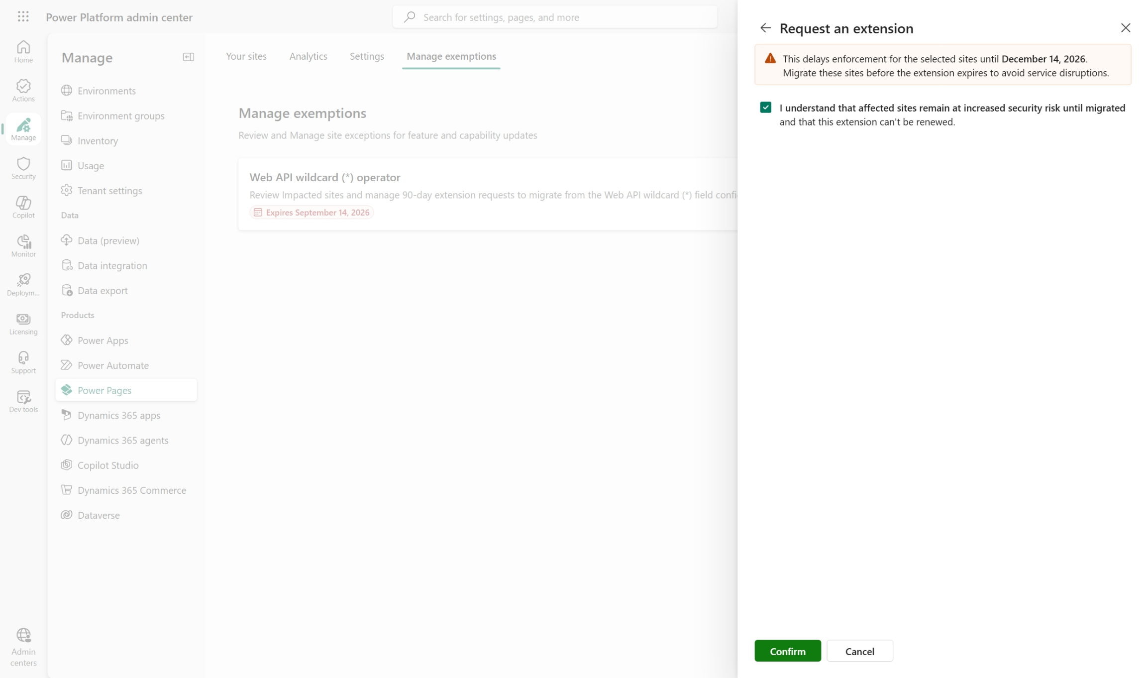 Extension confirmation page showing the new enforcement date and the acknowledgment checkbox.