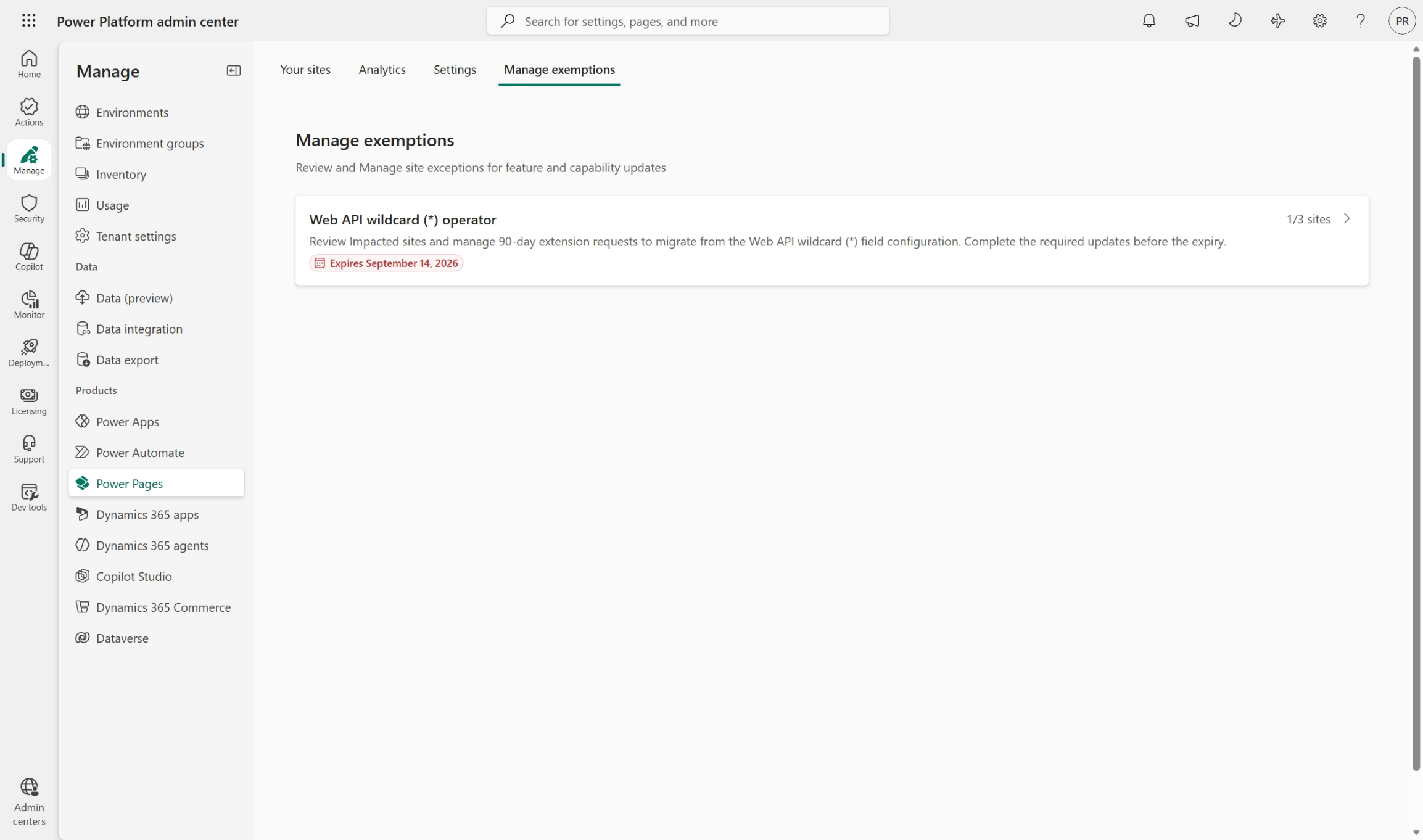 Manage exemptions page in the Power Platform admin center listing updates currently being enforced for the tenant.