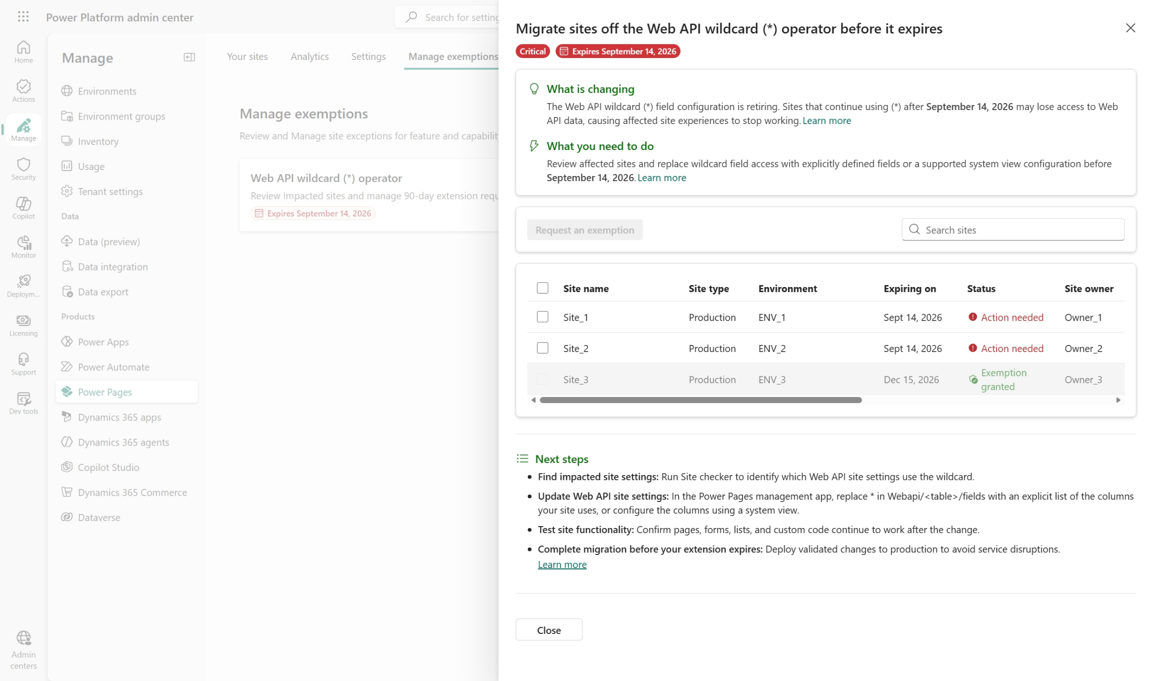 Details pane for an enforced update showing the recommendation, the required action, the list of impacted sites, and next steps.