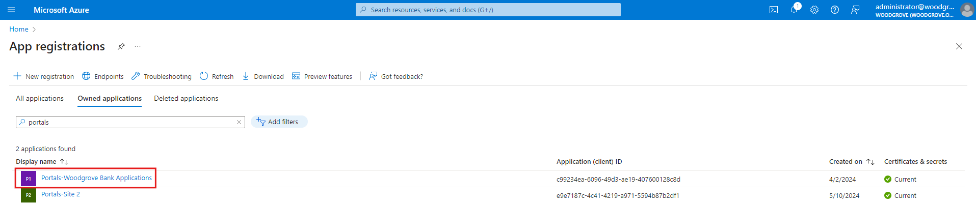 Screenshot of the app registration in Azure for a Power Pages site.