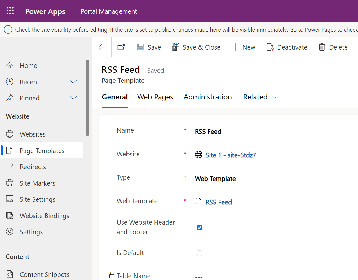 Configure a page template for an RSS feed.