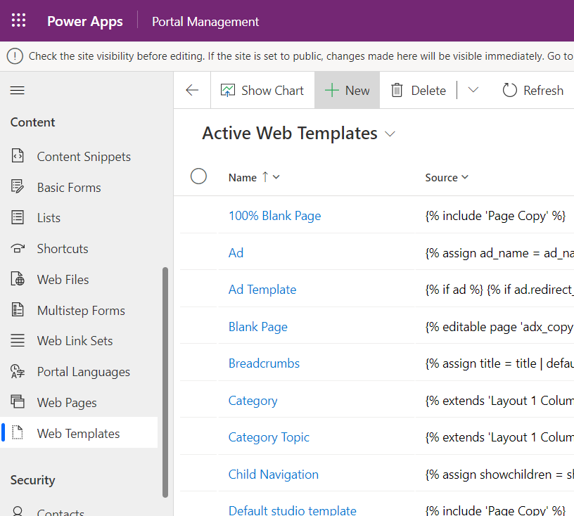 The + New menu option from the Active Web Templates page in the Portal Management app.