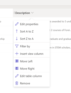 Column header menu showing available commands.