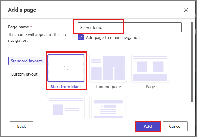 Enter values to add a page