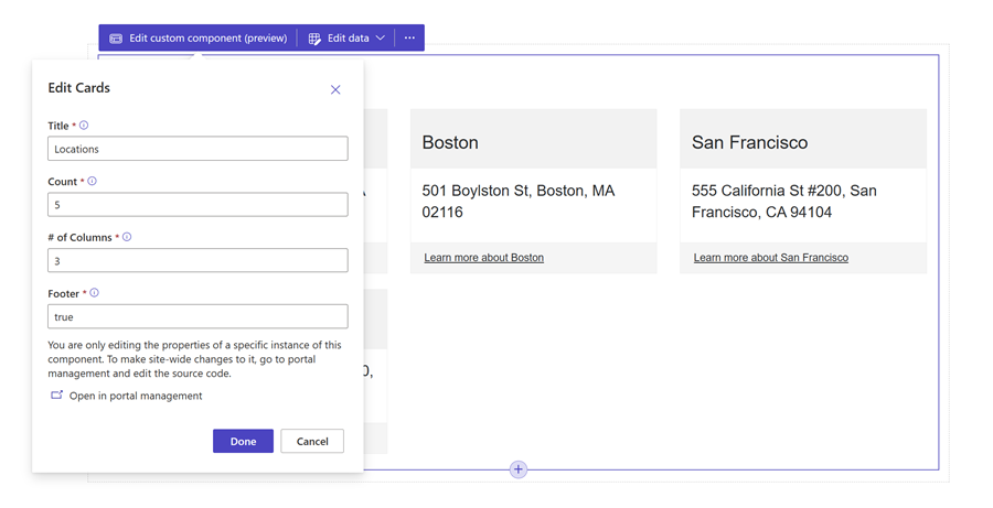 Web template component as a location card.