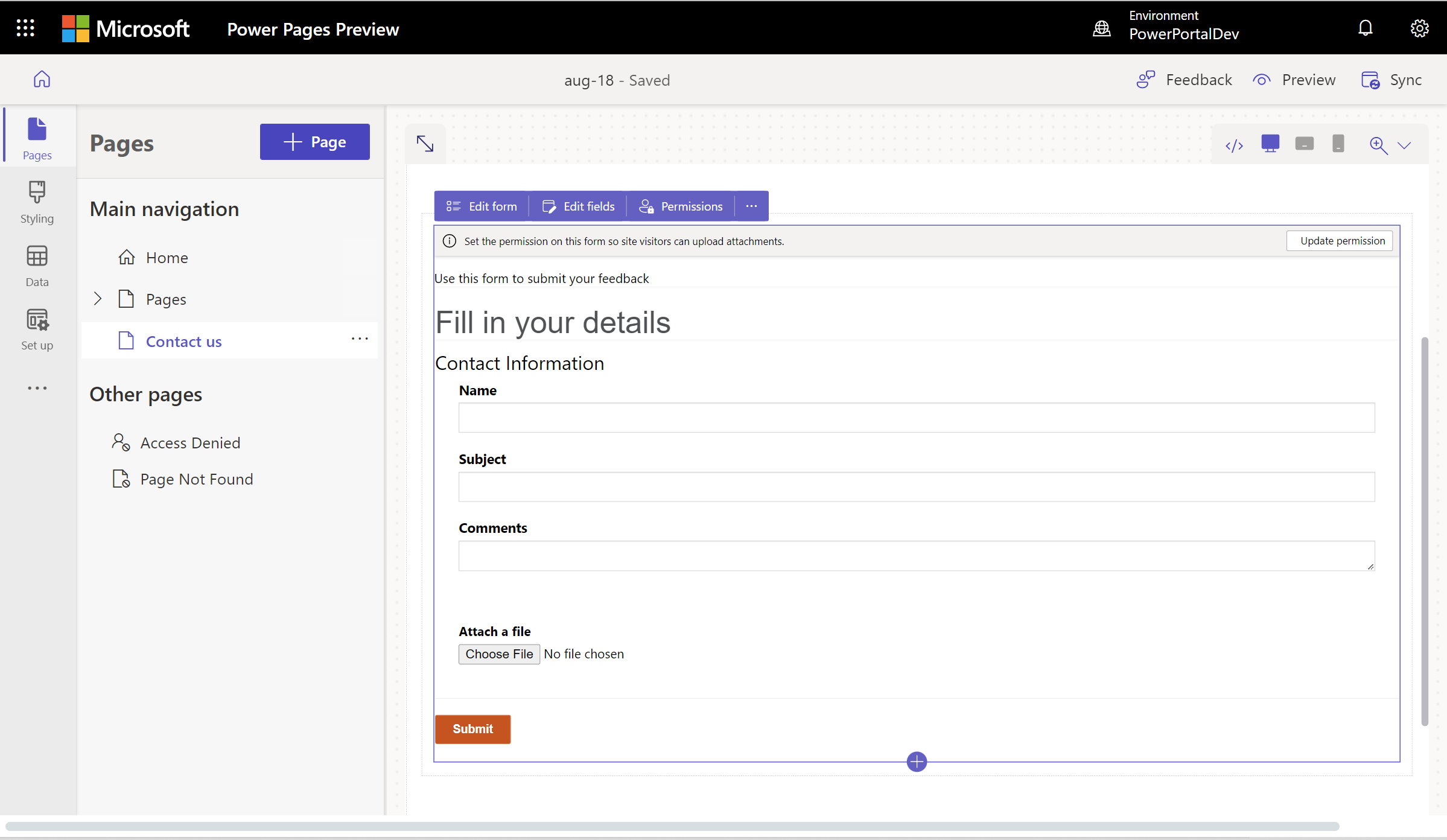 Form with attachment option enabled.