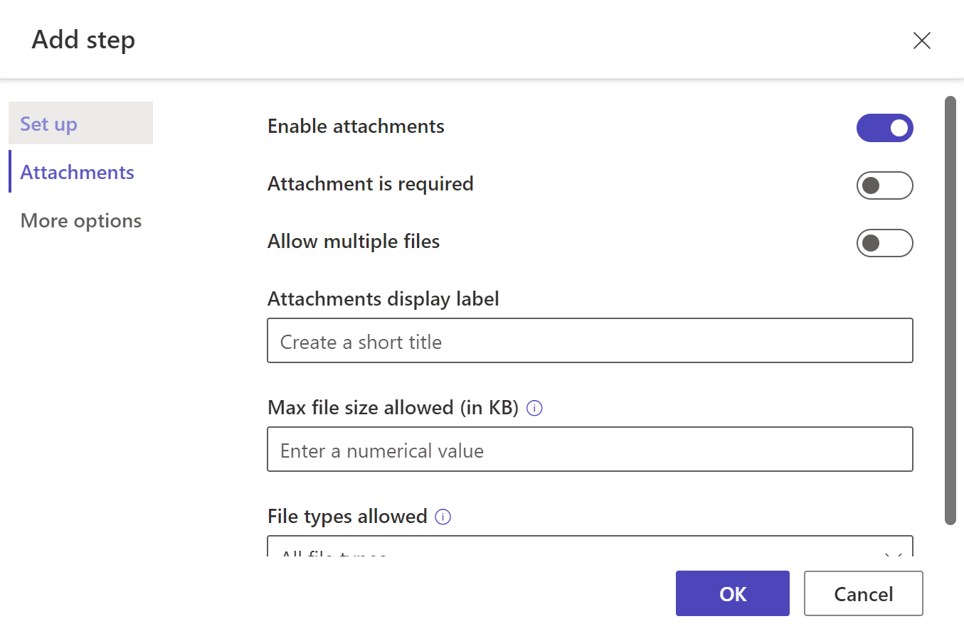 The Add step menu options with Enable attachments selected from the Attachments options.