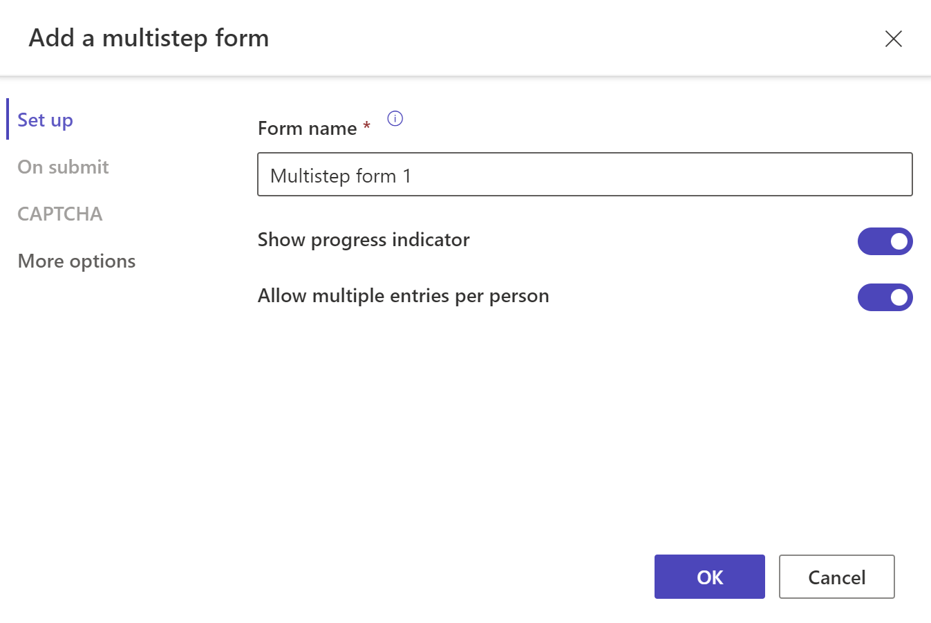 Setup menu for multistep form.