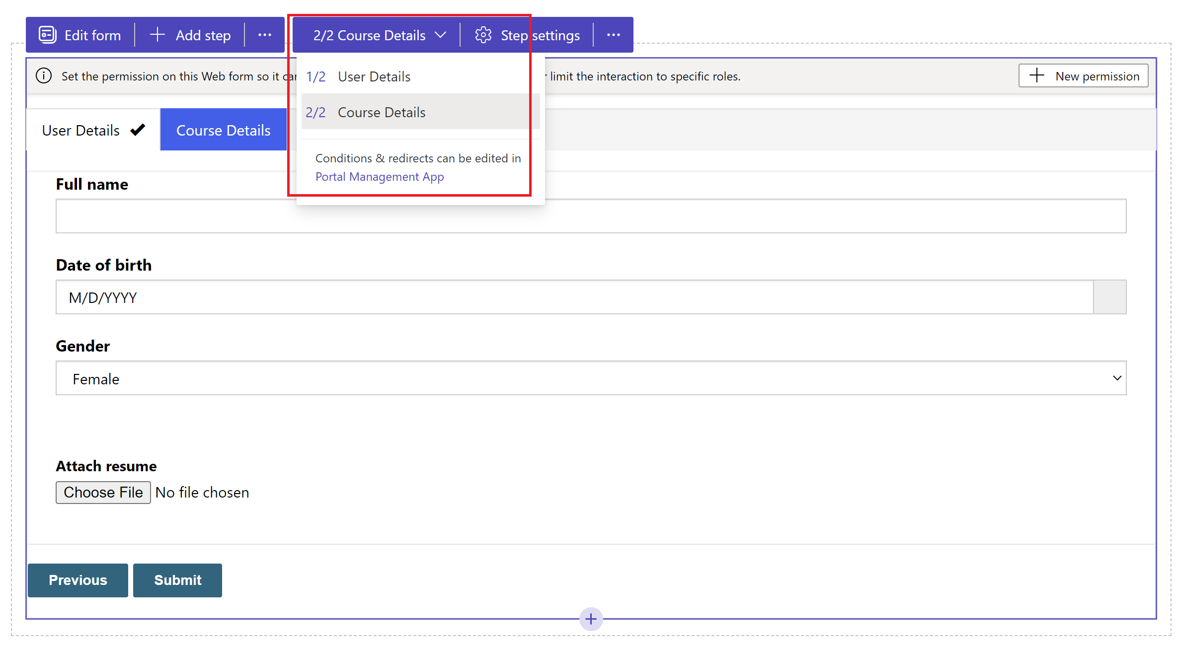 The step dropdown option in the maker studio with the Course Details step selected.