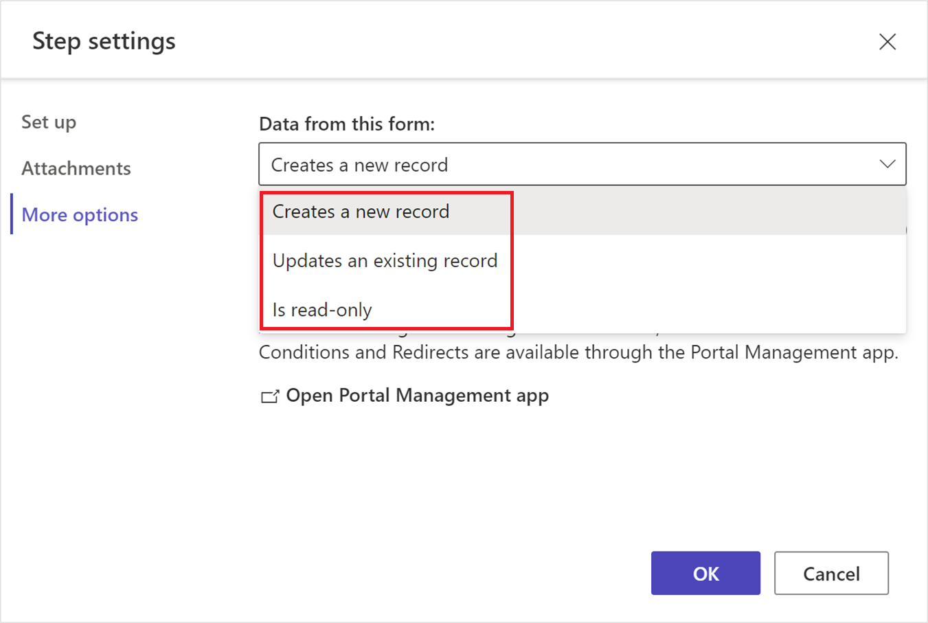 Step mode that defines whether the step is to create, update, or read-only.