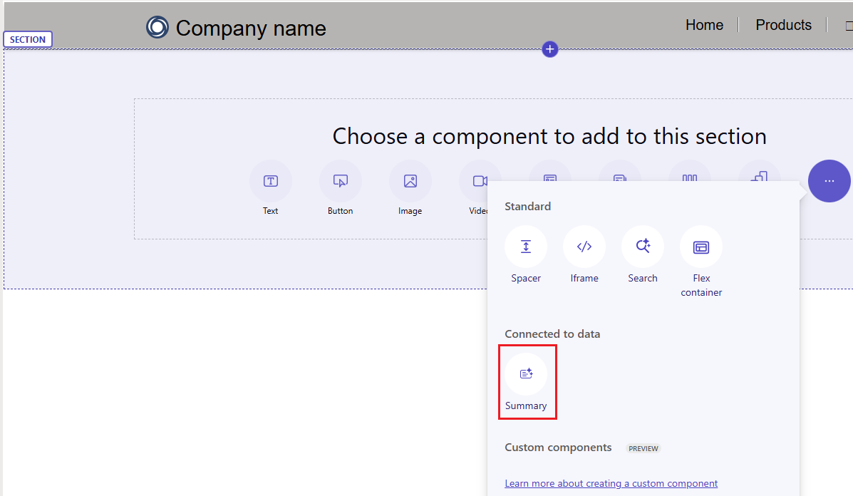 Screenshot of adding the Summary component to a page in design studio.
