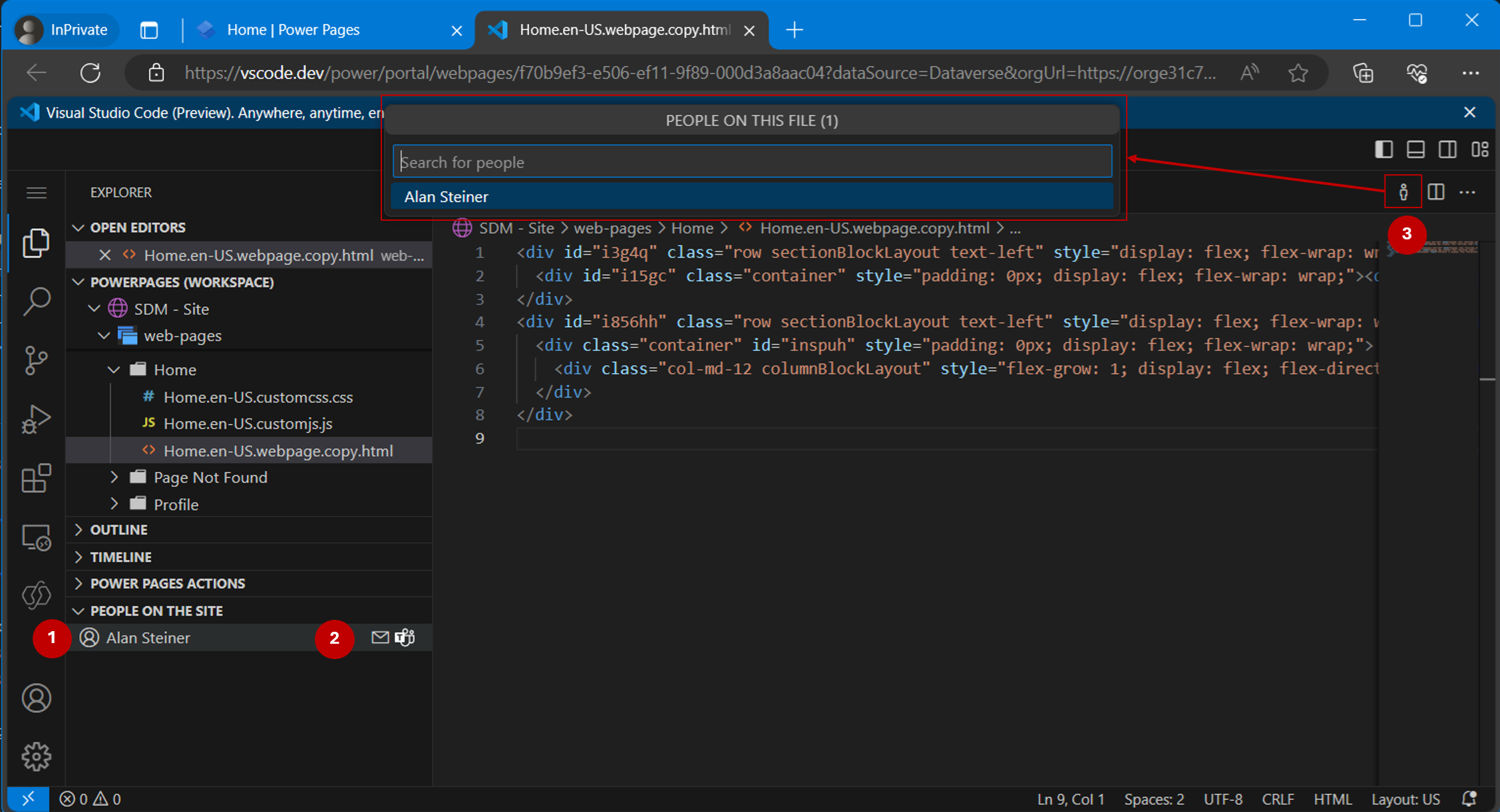 Screenshot of Visual Studio Code for the Web showing users in the Action panel with users information.