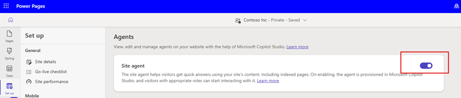 Screenshot that shows how to enable Site agent in Power Pages.