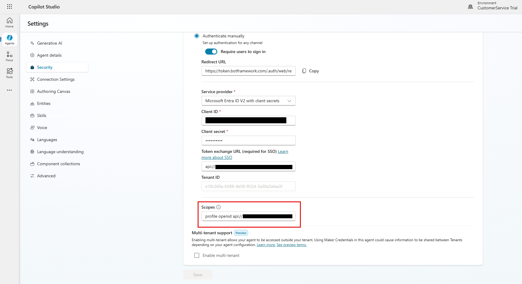 Screenshot showing Scopes option in Copilot studio