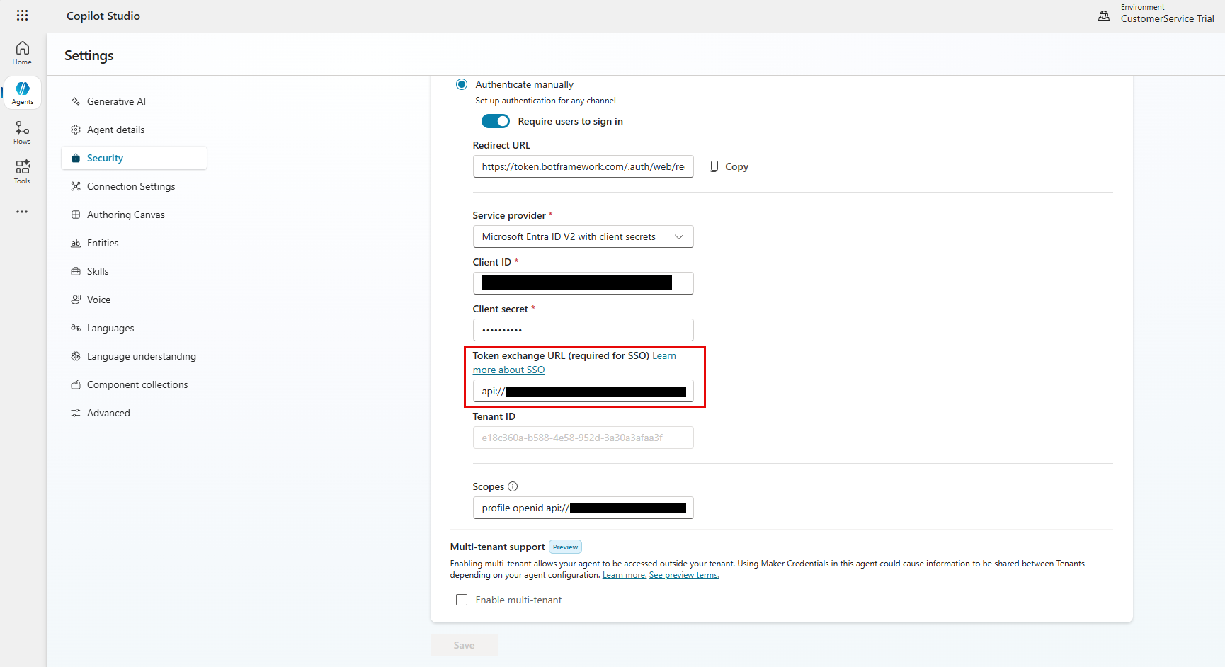 Screenshot showing token exchange url option in Copilot studio