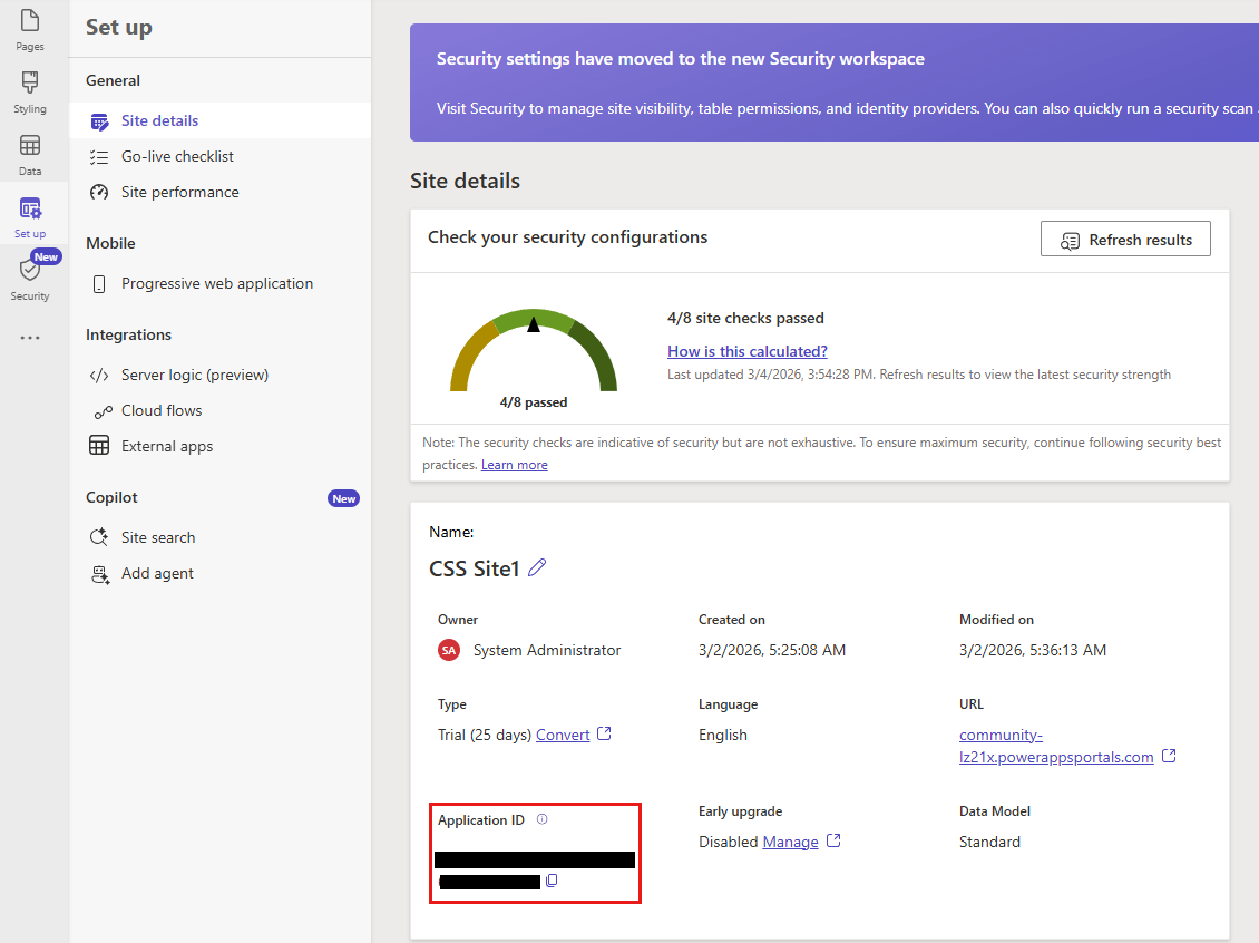 Screenshot showing Application ID in site detail