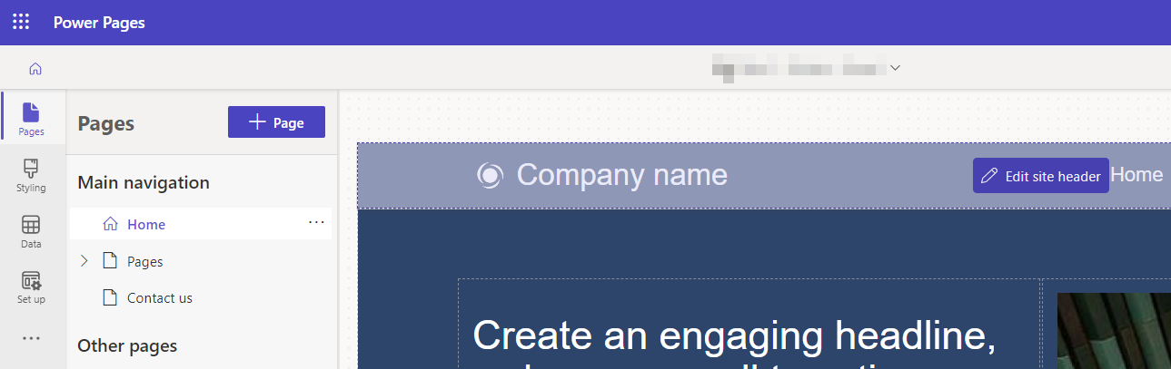 Screenshot of the Edit site header button, which appears when you hover over the header in the Pages workspace.
