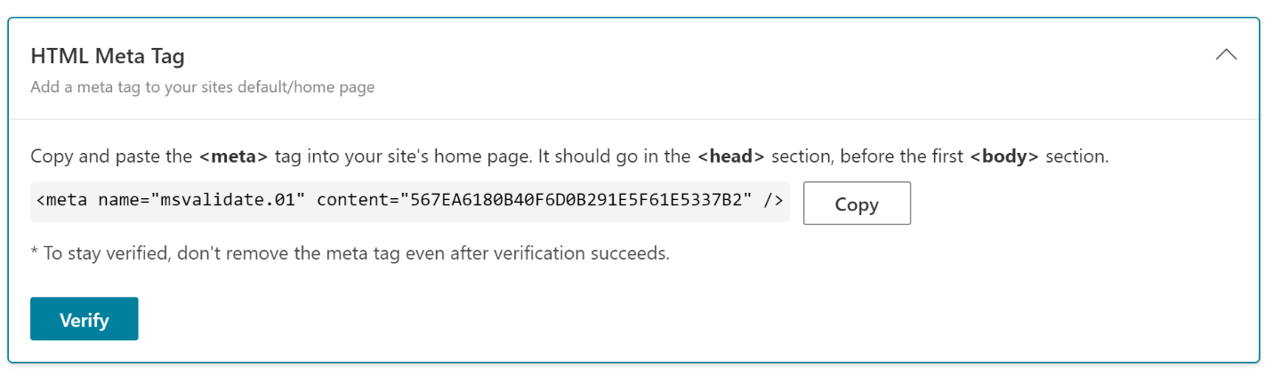 Screenshot of the HTML Meta Tag option in Bing Webmaster Tools.