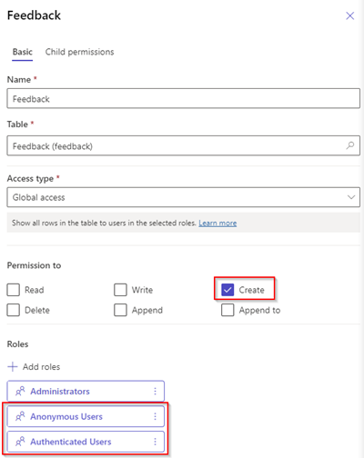 Options for setting feedback permissions.