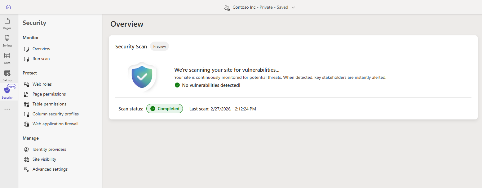 A screenshot of the security workspace option selected and showing different option within it