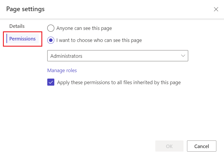 The Page settings window with the Permissions option emphasized.