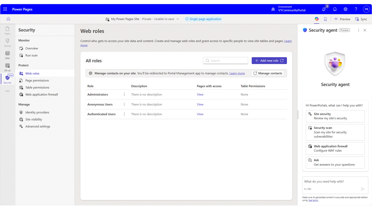 Screen recording showing the Security agent in Power Pages Design Studio reviewing and applying security configuration guidance.