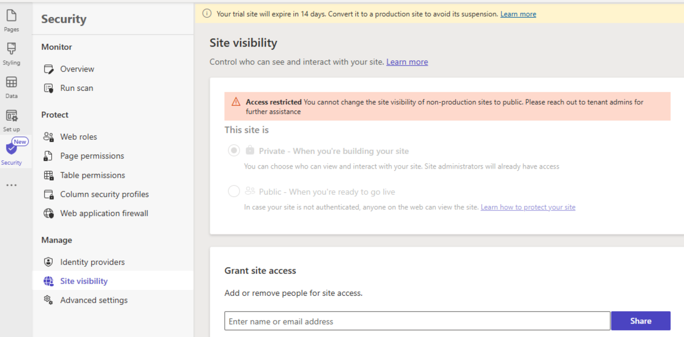 Screenshot site visibility screen with access restricted message showing at the top.