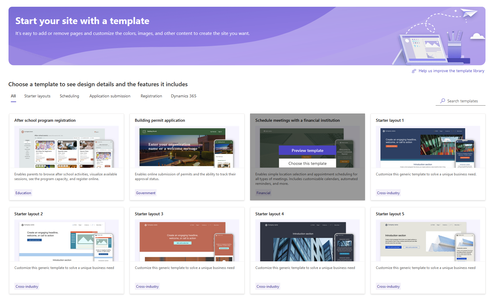Selection of templates when creating a new site.