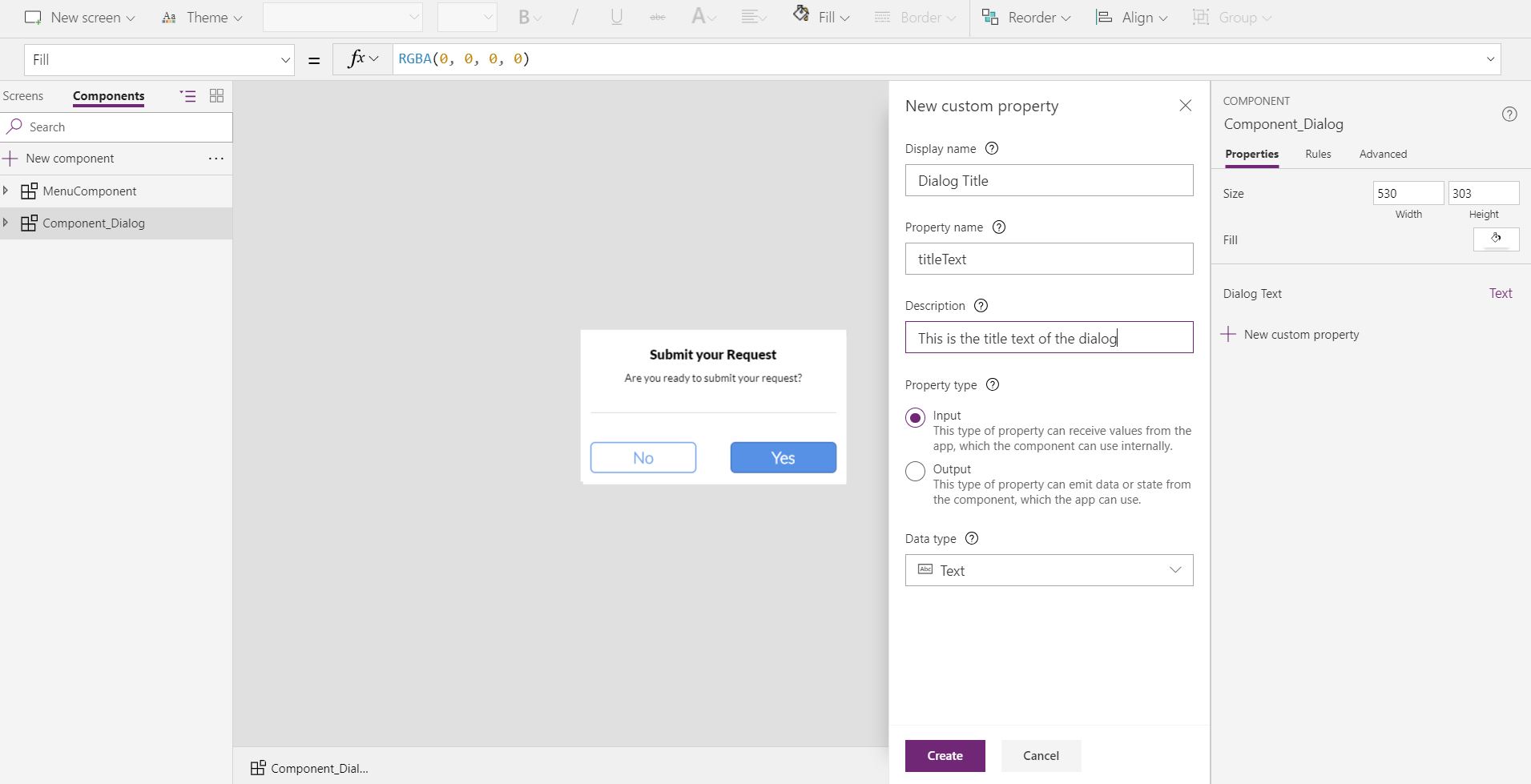 Pane for defining a custom property