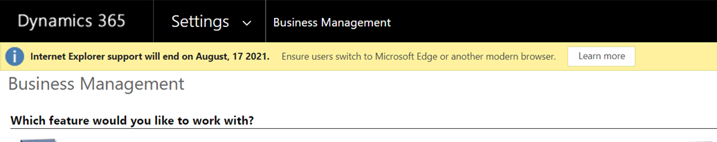 Advanced Settings app message about the end of Internet Explorer support.