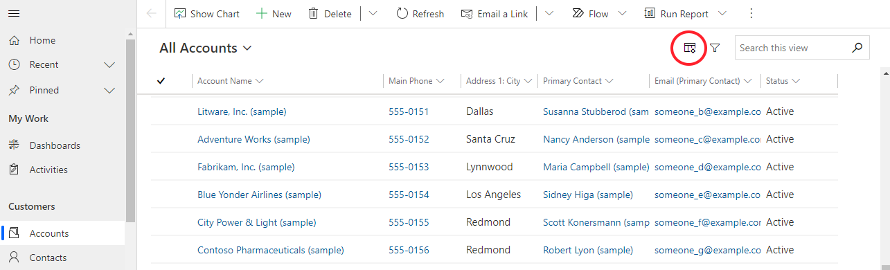 Column options button inside the grid view page.