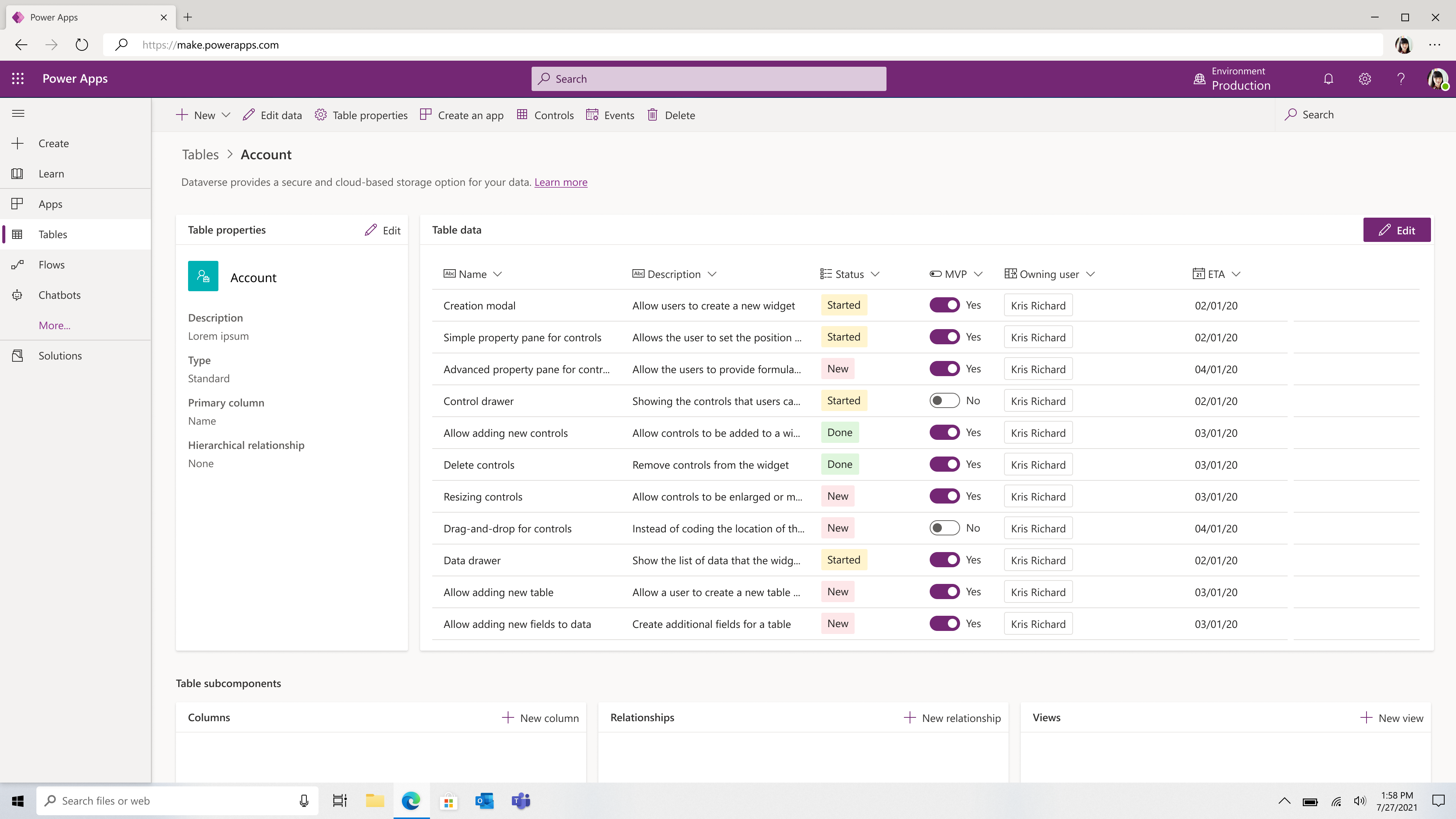 Dataverse table hub.