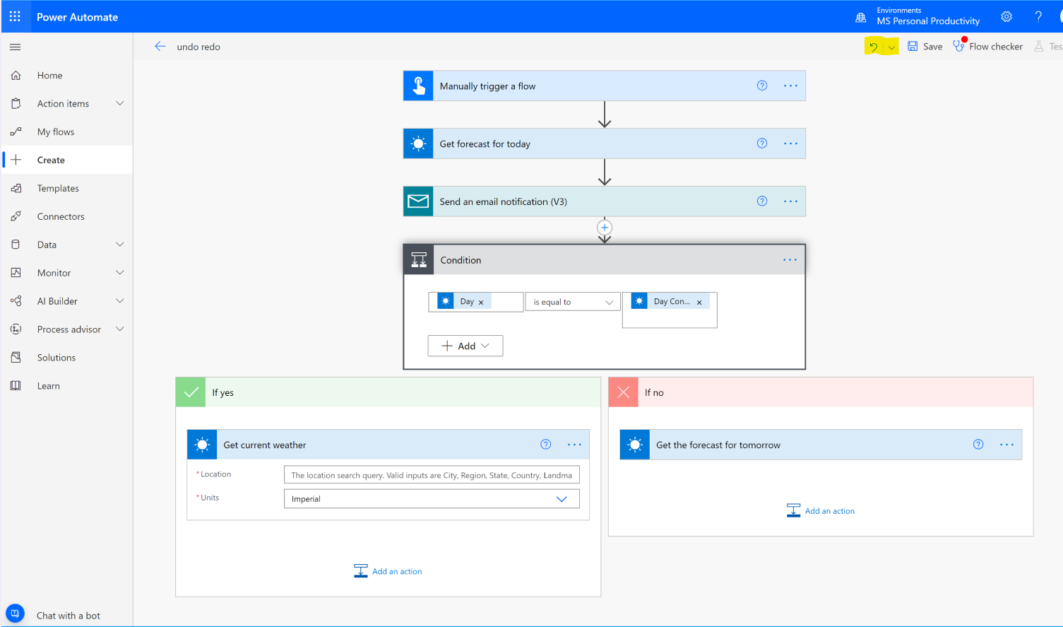 Screenshot of the undo and redo feature in cloud flow designer.