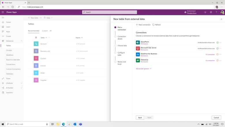 Screen of creating a table using a tabular connector.