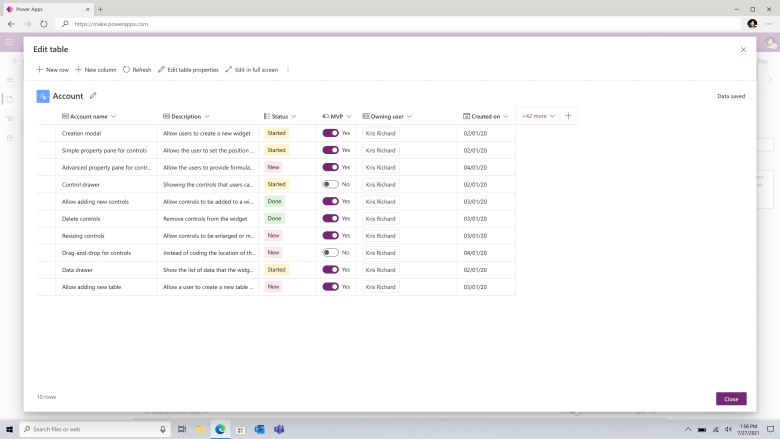 Screen of edit table accounts.