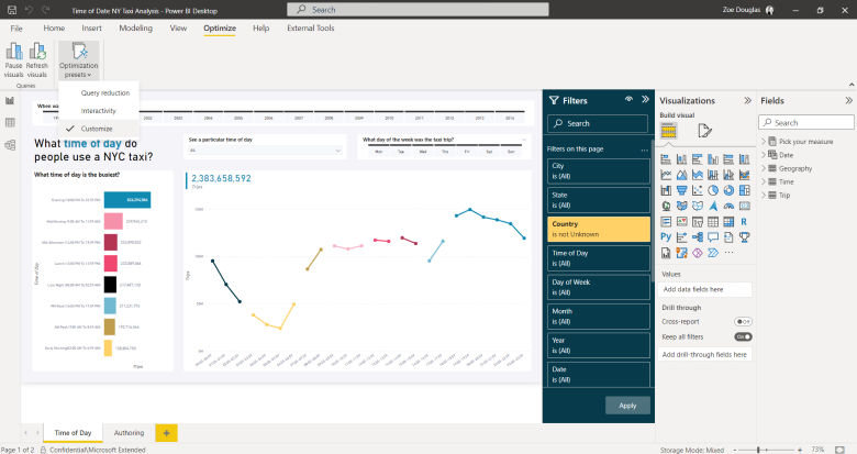 Optimize settings in the Optimize ribbon.